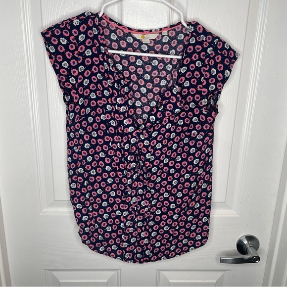 Boden Pleated Front Azalea Floral Print Keyhole Blouse Top Navy Blue Pink 4 - Picture 3 of 12